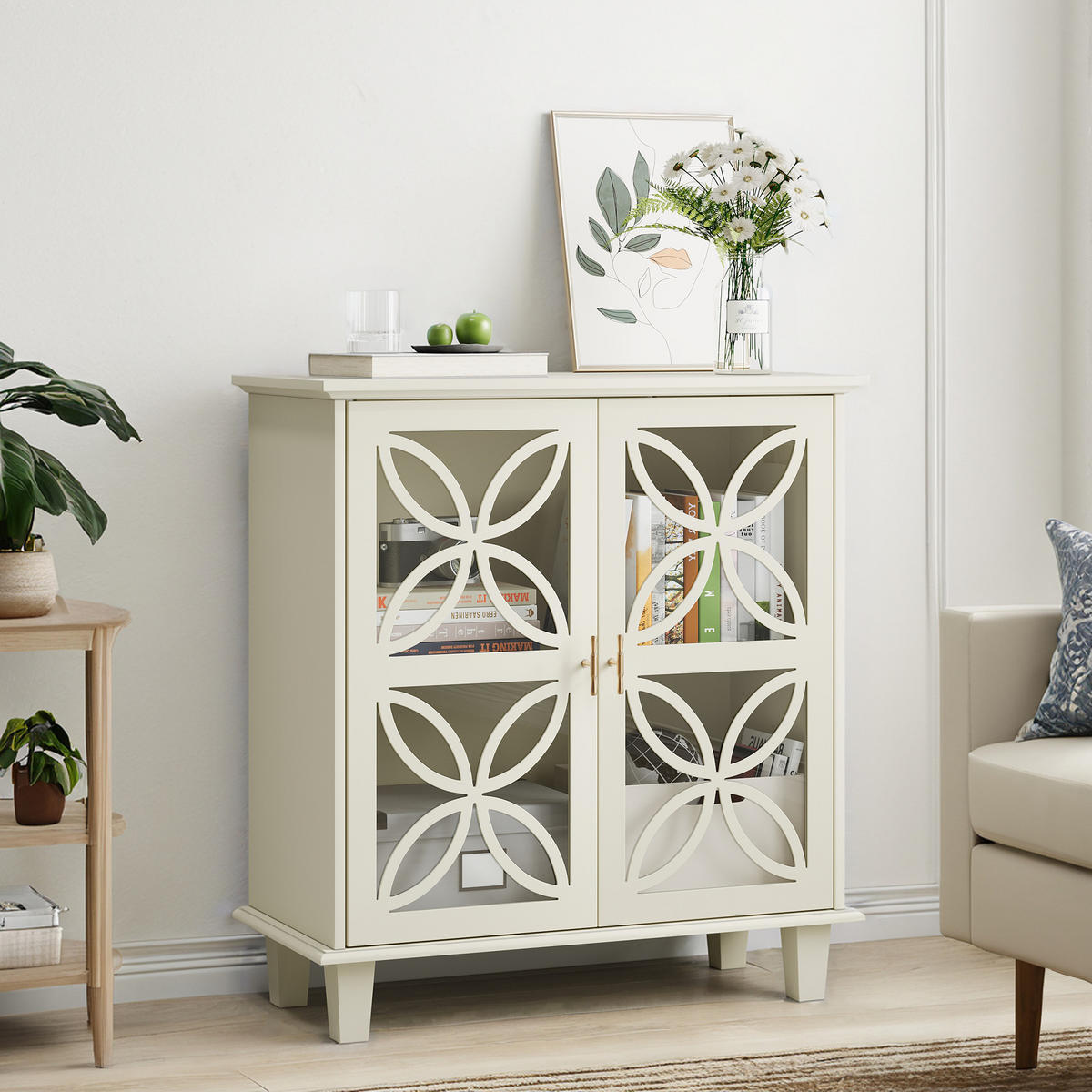 SIDEBOARD 80/38/87 cm creme aus MDF und Holzwerkstoff mit Hartglastüren - Creme, Holzwerkstoff (80/87/38cm) - OKWISH