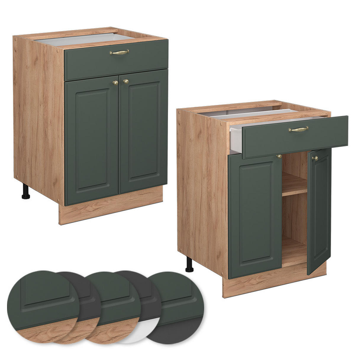 KÜCHENUNTERSCHRANK Fame-Line Grün-Gold Landhaus 60 cm mit Schublade ohne AP - Eiche Wotan/Grün, Holzwerkstoff (60/82/51.6cm) - Vicco
