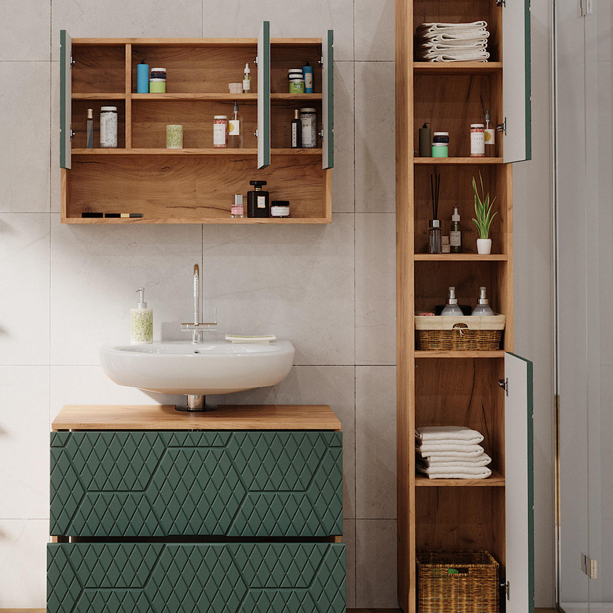 BADMÖBEL-SET Irma Grün 3 Teile, mit Spiegelschrank 80 cm - Eiche Wotan/Grün, Holzwerkstoff (80/58.6/41cm) - Vicco