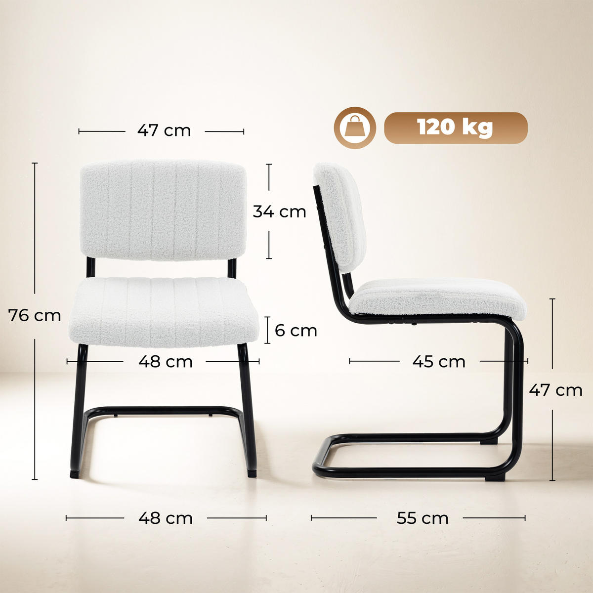 STUHL 2er-Set Creme 55.0/48.0/76.0 cm - Creme, Textil (48/76/55cm)
