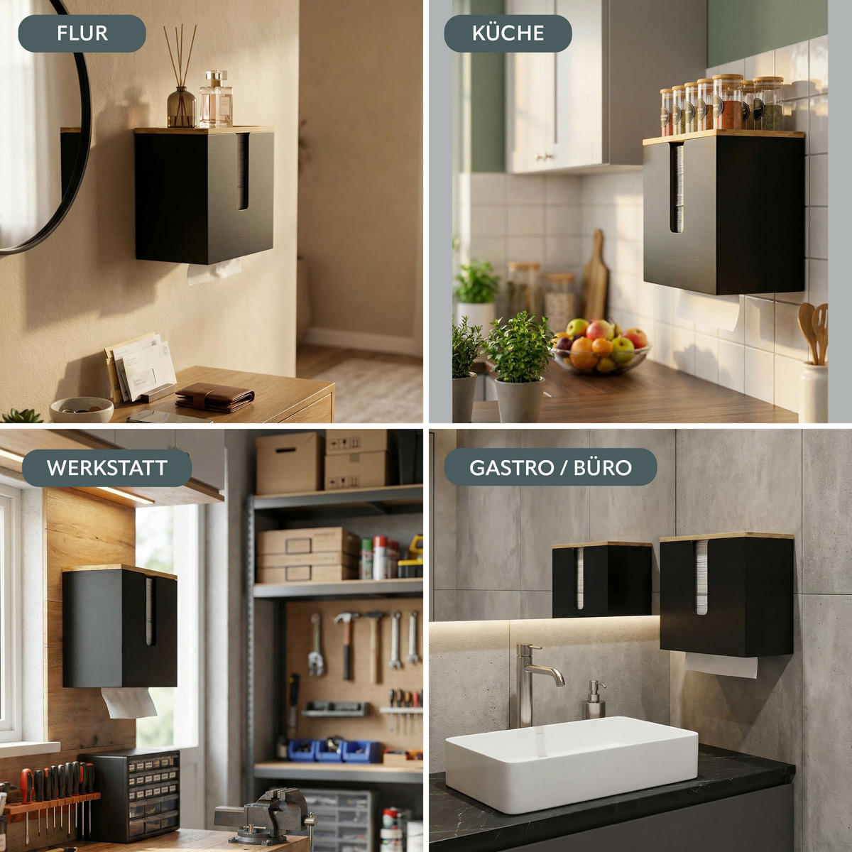 PAPIERHANDTUCHSPENDER mit Bambus-Einsatz - Schwarz, Holz (29/25/15cm) - eluno