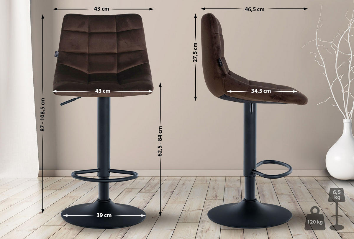 BARHOCKER James Samt schwarz braun - Schwarz/Braun, Textil/Metall (43/108.5/46.5cm) - TPFLiving