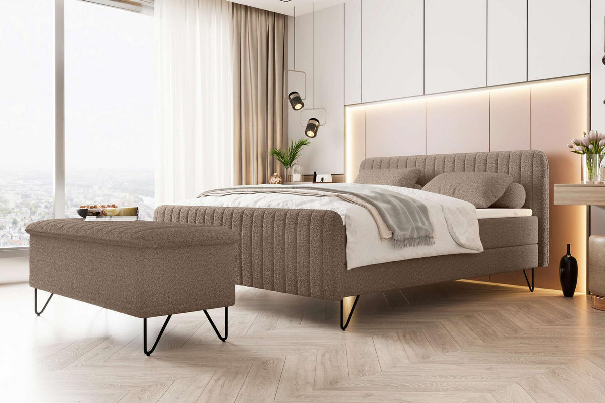 BOXSPRINGBETT LUCIO mit Hocker Bouclé-Stoff Taupe 180/200 cm - Taupe/Schwarz, Textil/Metall (180/200cm) - 99rooms