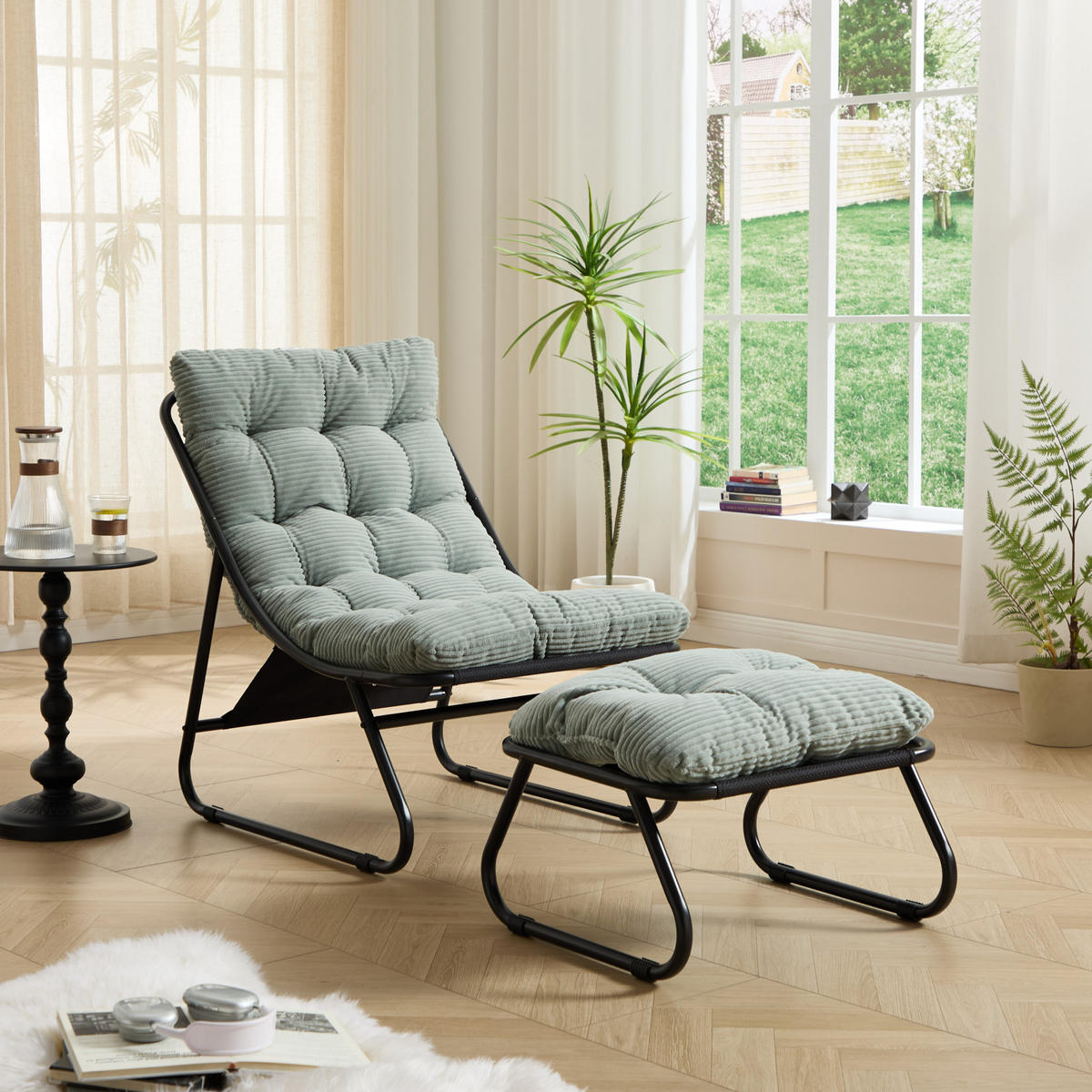 GARTEN Schaukelstuhl Grün mit Dickem Kissen und Hocker, Metallrahmen für Garten Balkon Wohnzimmer - Grün, Metall (65/86/78cm) - PARAFTA HOME