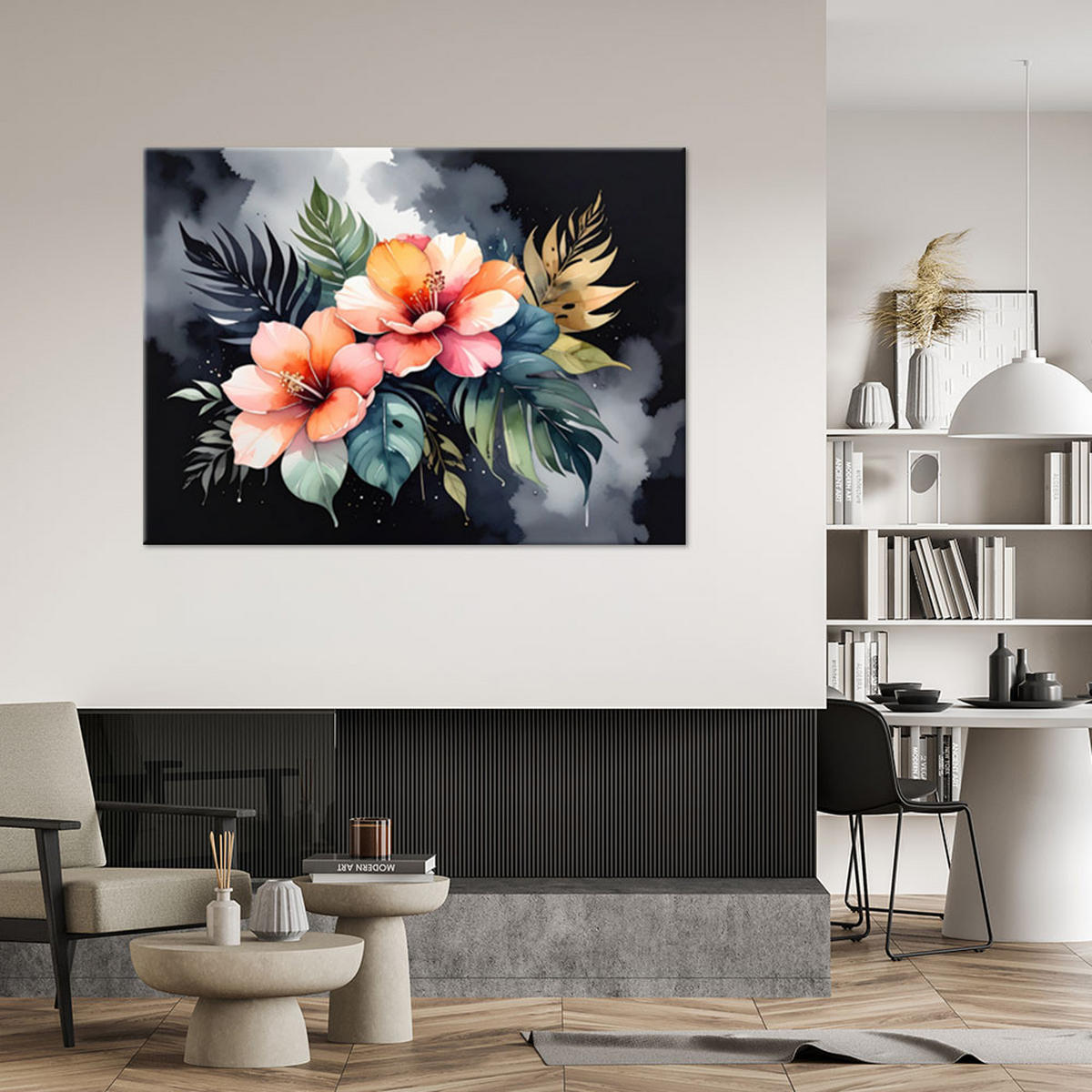 WANDBILD, Orange Blumen Blätter - Schwarz, Textil (90/60cm) - Feeby