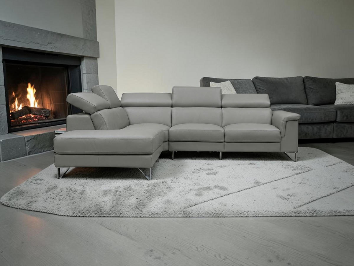 ECKSOFA Antares Echtleder mit 1 x Relaxfunktion Perlgrau - Hellgrau, Leder/Metall (224/276cm)