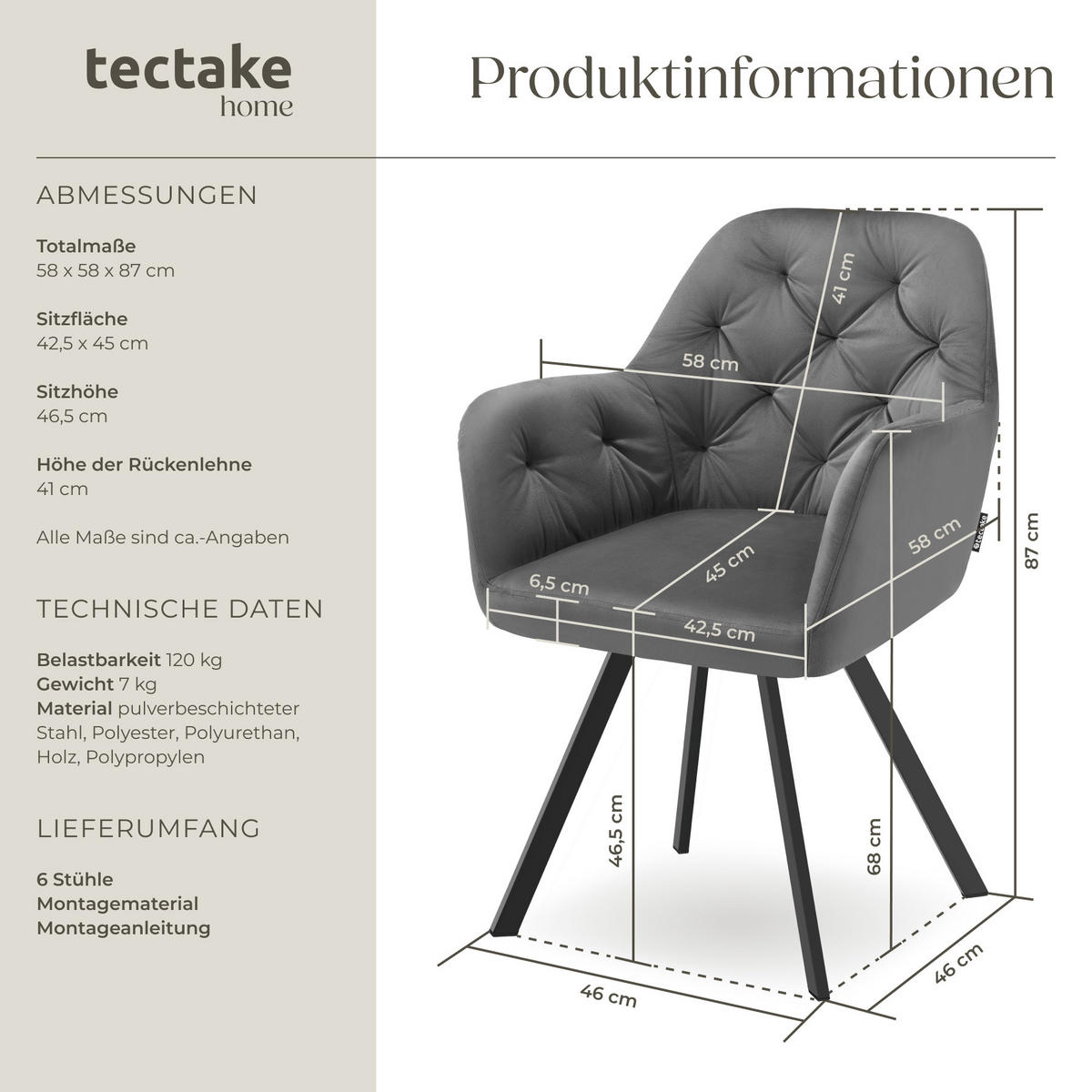 ARMLEHNSTUHL 6er Set drehbar Samt Lucia 58 x 58 x 87 cm, anthrazit - Anthrazit, Kunststoff (58/87/58cm) - tectake