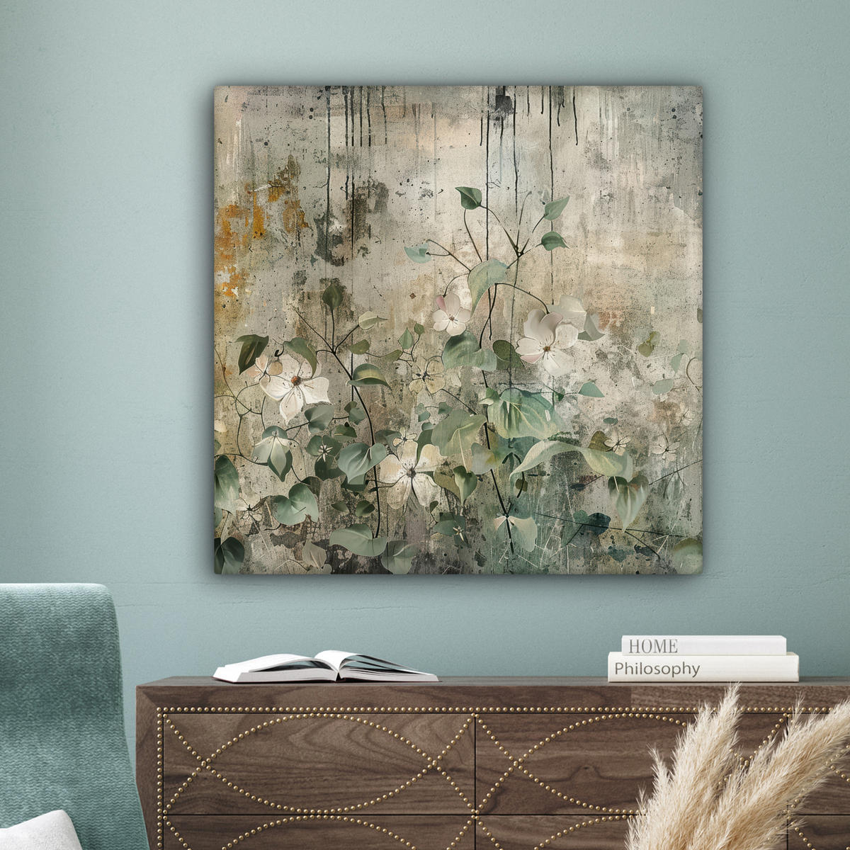 LEINWANDBILD - Blumen - Blätter - Abstrakt - Modern - 90x90 - Gemälde - Grau, Textil (90/90cm) - MuchoWow
