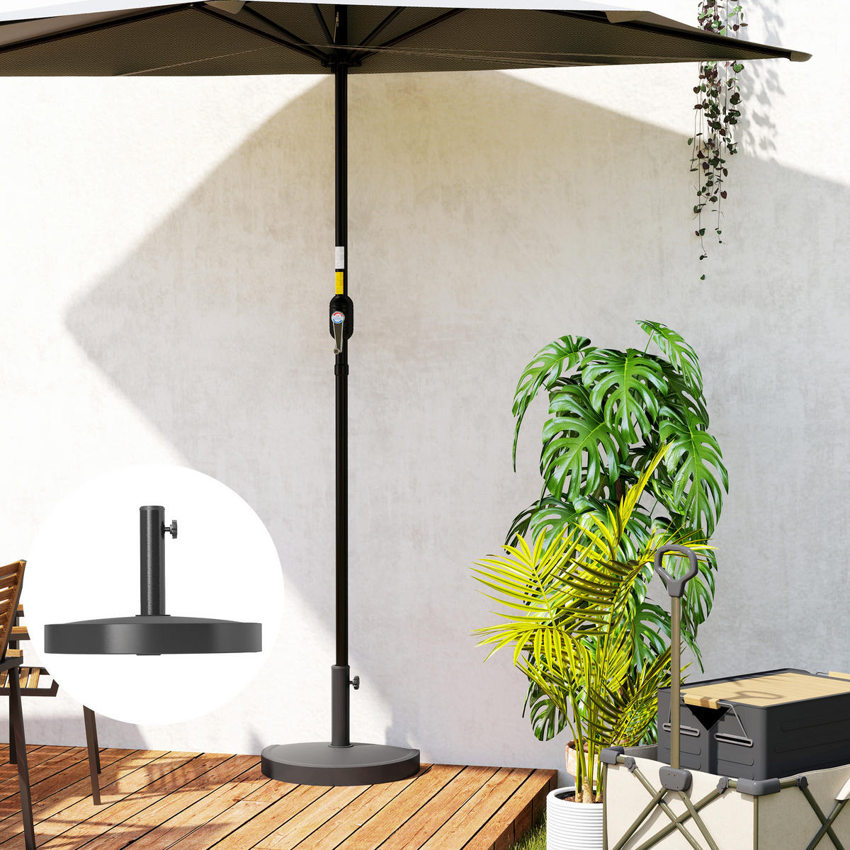 SONNENSCHIRMSTÄNDER aus Beton Schirmständer Halbrund Schirmhalter, Schirmgewicht - Schwarz, Naturmaterialen (31/49cm) - Outsunny