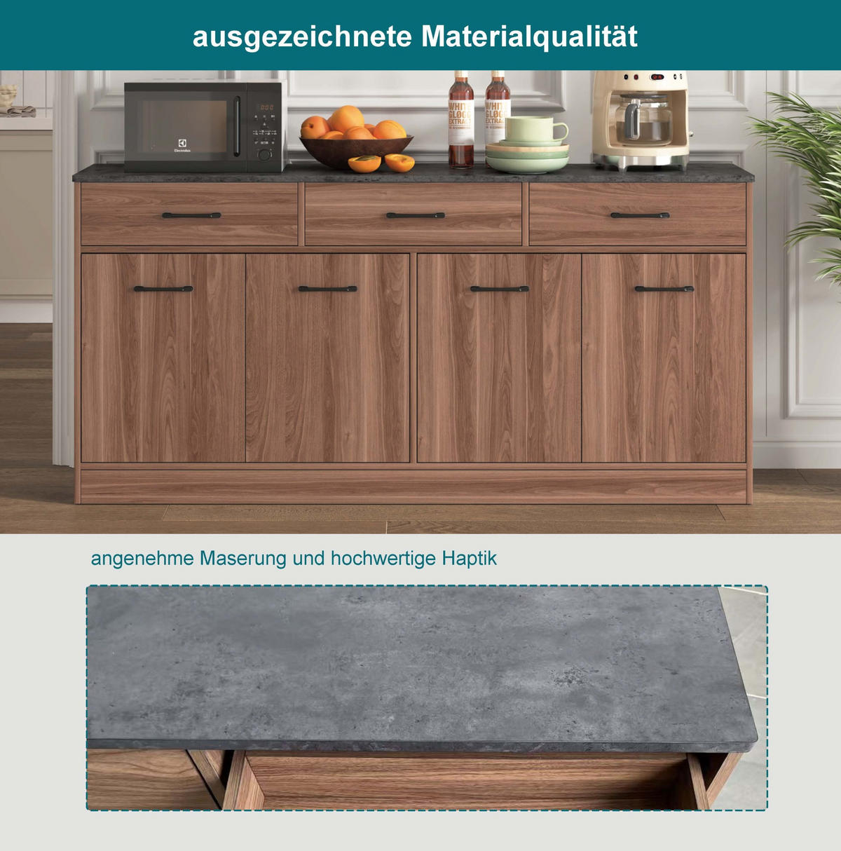 SIDEBOARD 160 x 37 x 76,5 cm in Walnuss-Optik mit 3 Schubladen und Stauraum - Walnussfarben, Holzwerkstoff (160/76.5/37cm) - BEAOK