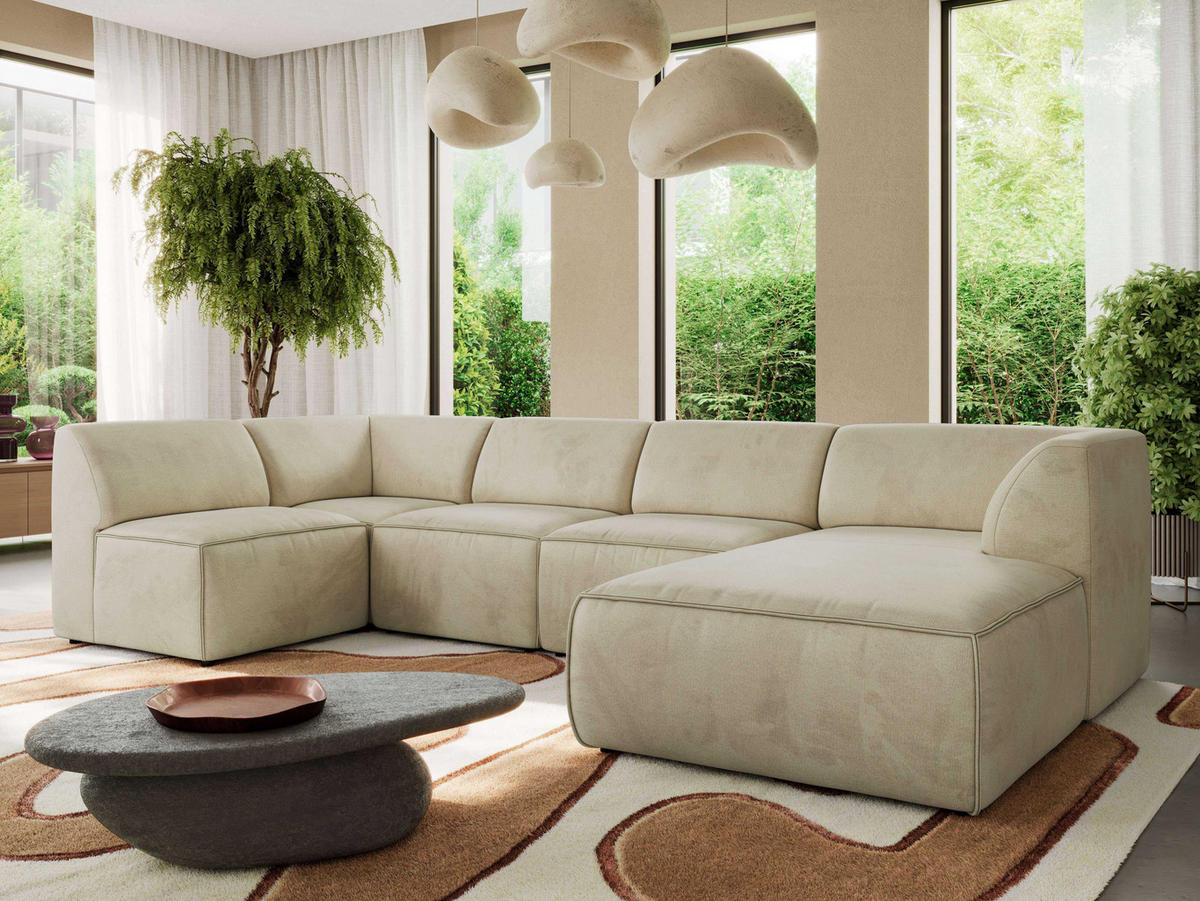 WOHNLANDSCHAFT MODARO U 5M - Beige Velvet - Rechts - Beige/Schwarz, Textil (345/78/180cm) - MKS
