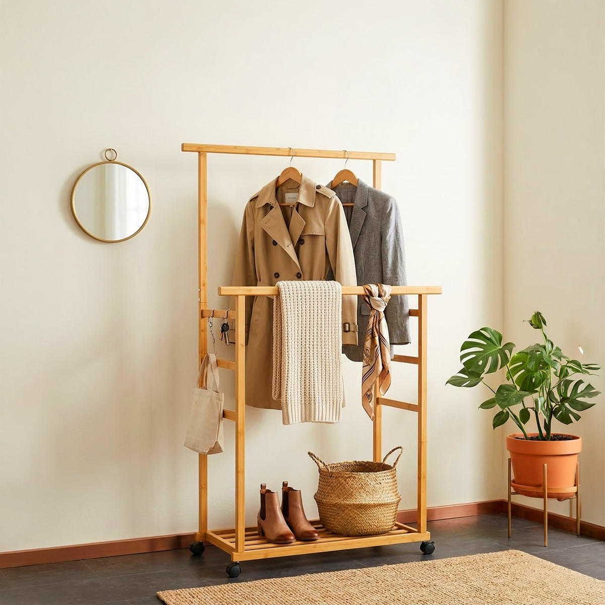 KLEIDERSTÄNDER Natur Bambus mit Rollen und Ablage - Hellbraun, Holz/Kunststoff (80/148/36cm) - Relaxdays