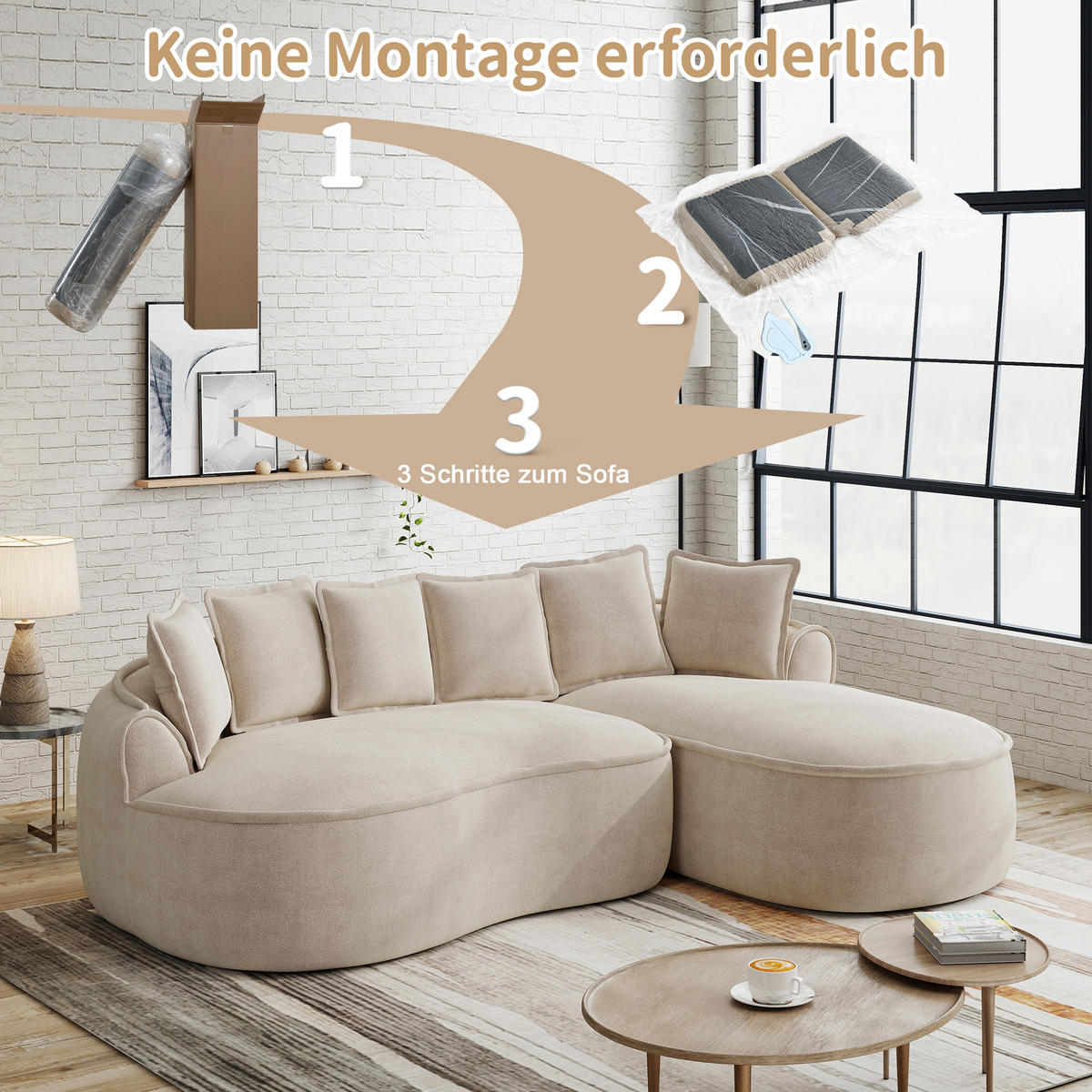 ECKSOFA chenille mit extra tiefer chaiselongue & rahmenlosem design - Hellbraun, Textil (252/164cm) - Urban Meuble