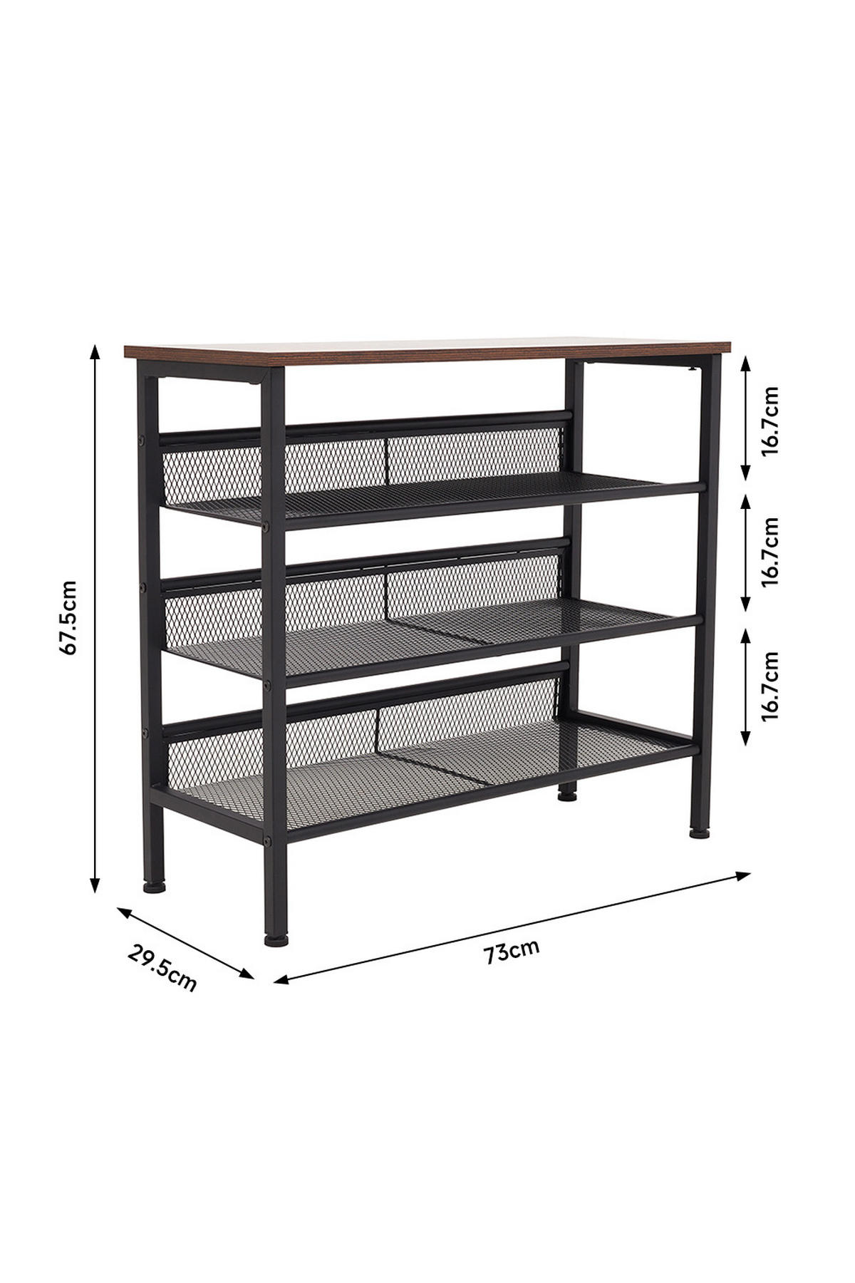 SCHUHREGAL 4-stufig aus Metall in Schwarz Holzplatte Mesh Kompakte Bauweise Flexible Regalhöhe Dekorative Holzplatte 73 × 29,5 × 67,5 cm 9,5 kg - Schwarz, Metall (73/67.5/29.5cm) - Livingandhome