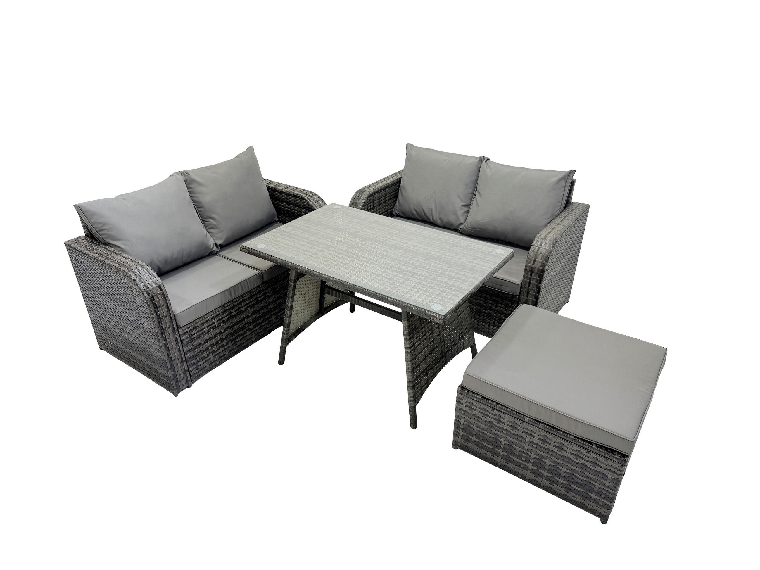 BALKONSET mit ESSTISCH SOFA Polyrattan Dunkelgrau 5-Sitzer - Dunkelgrau/Grau, Glas/Kunststoff - Fimous