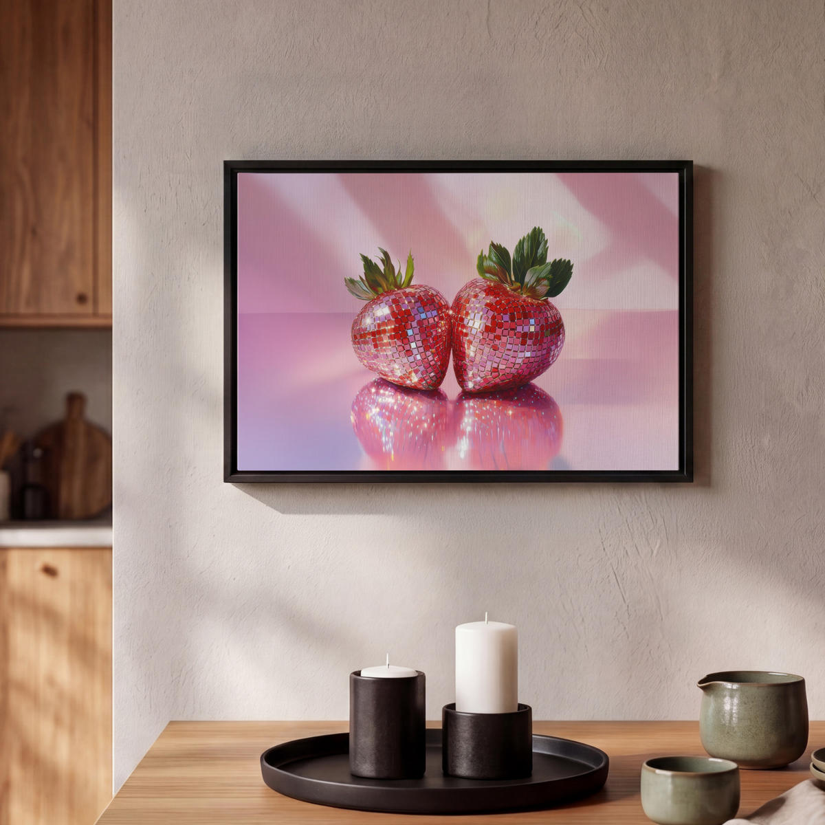 LEINWAND Bilder mit Rahmen - Disco - Obst - Glitzer - Erdbeere - 30x20 - Pink, Textil (30/20cm) - MuchoWow