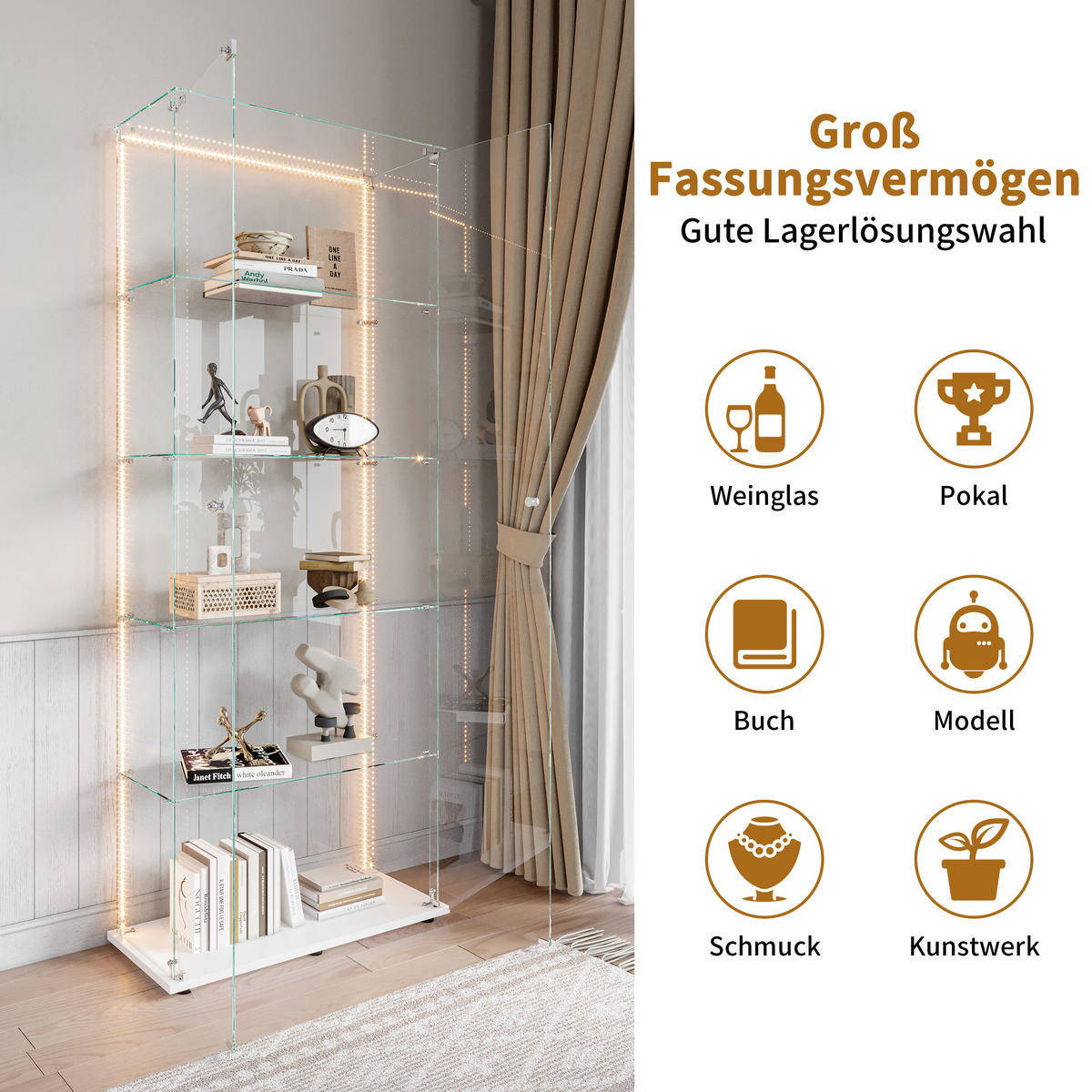 VITRINE 2 Türen, 5 Einlegeböden, LED Band, Glas, mobil, Stauraum optimal, weiß - Weiß, Glas (78.51/186.5/34.5cm) - EuroLiving