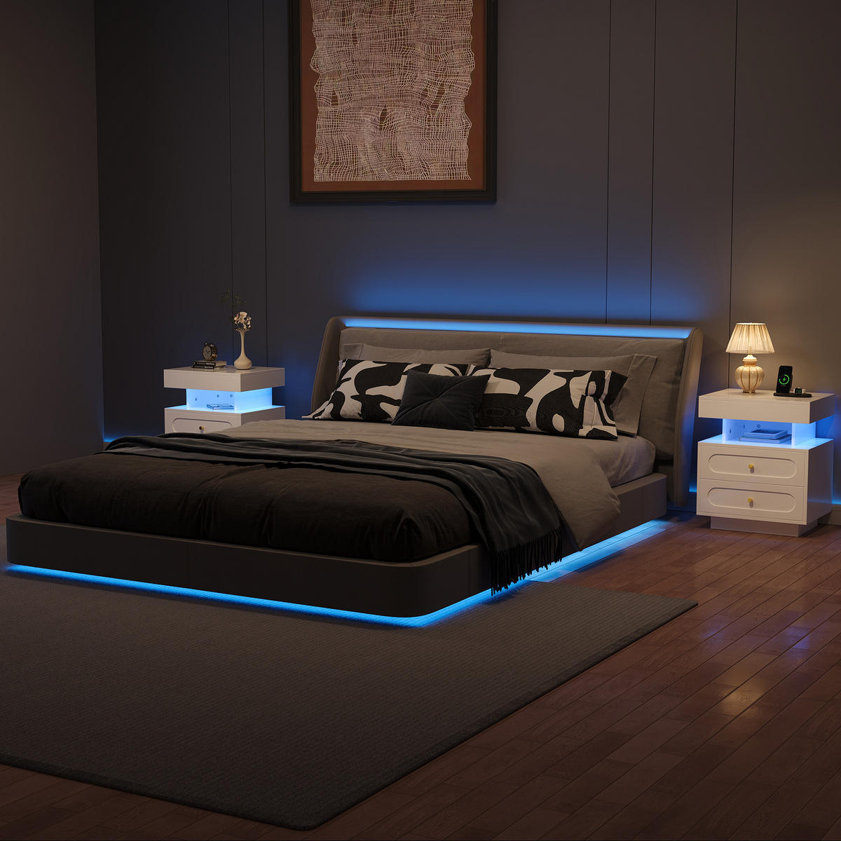 NACHTTISCH Weiß mit LED-Beleuchtung 2er-Set - Weiß, Holz (100/60/40cm) - PANGIVO