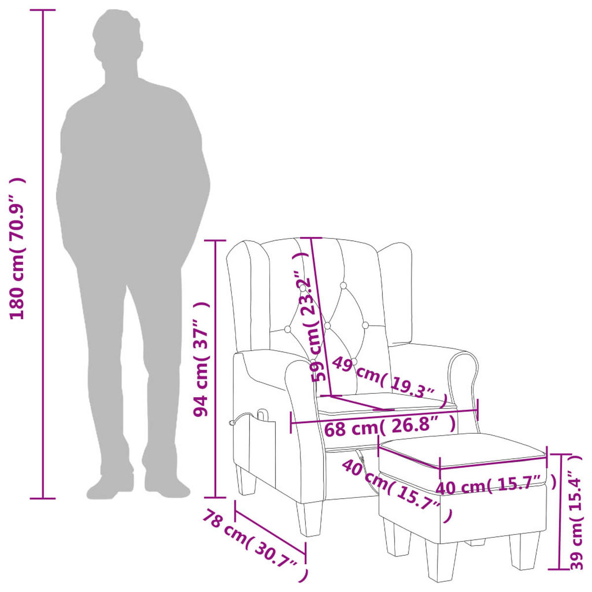 MASSAGESESSEL mit Fußhocker und Vibrationsfunktion, 68/78/94 cm, Stoff, Hellgrau - Grau, Textil (78/94/68cm) - vidaXL