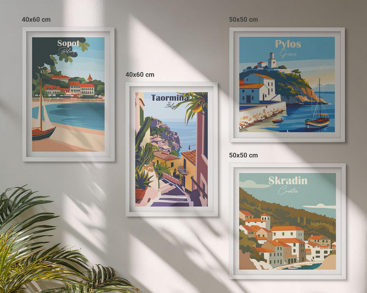 WANDBILDER 4er-Set - 50x50 cm & 40x60 cm Weißer Rahmen - Illustrationen von Küstenstädten - Weiß, Kunststoff (50/50cm) - ArtPrintCave