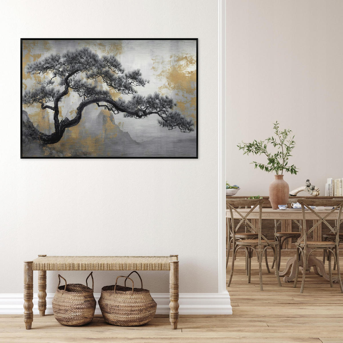 BILDER mit Rahmen Baum Abstraktion Beige 120x80 cm - Multicolor, Metall (120/80cm) - Wallarena