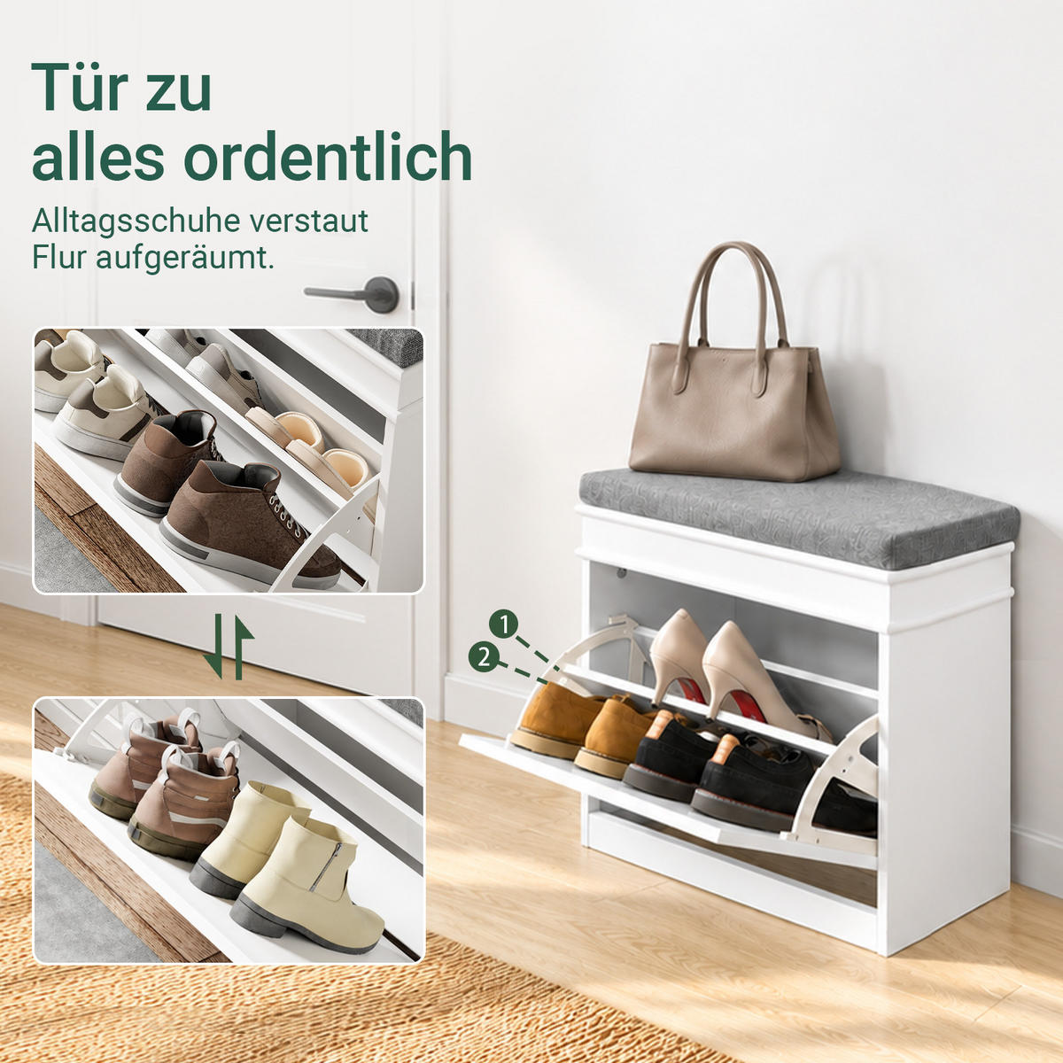 SCHUHBANK, Weiß, 60x51x24 cm, Klappe für 4 Paar, graues Sitzpolster, bis 150 kg, schmal für Flur & Diele - Weiß, Holzwerkstoff (60/51/24cm) - SoBuy