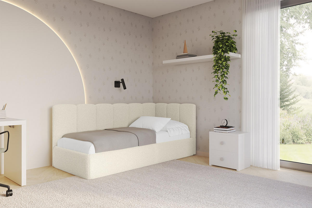 EINZELLBETT Jugendbett mit Bettkasten, Links - DEXY 90x200 Beige - Champagner, Holzwerkstoff/Textil (90/200cm) - ALTDECOR