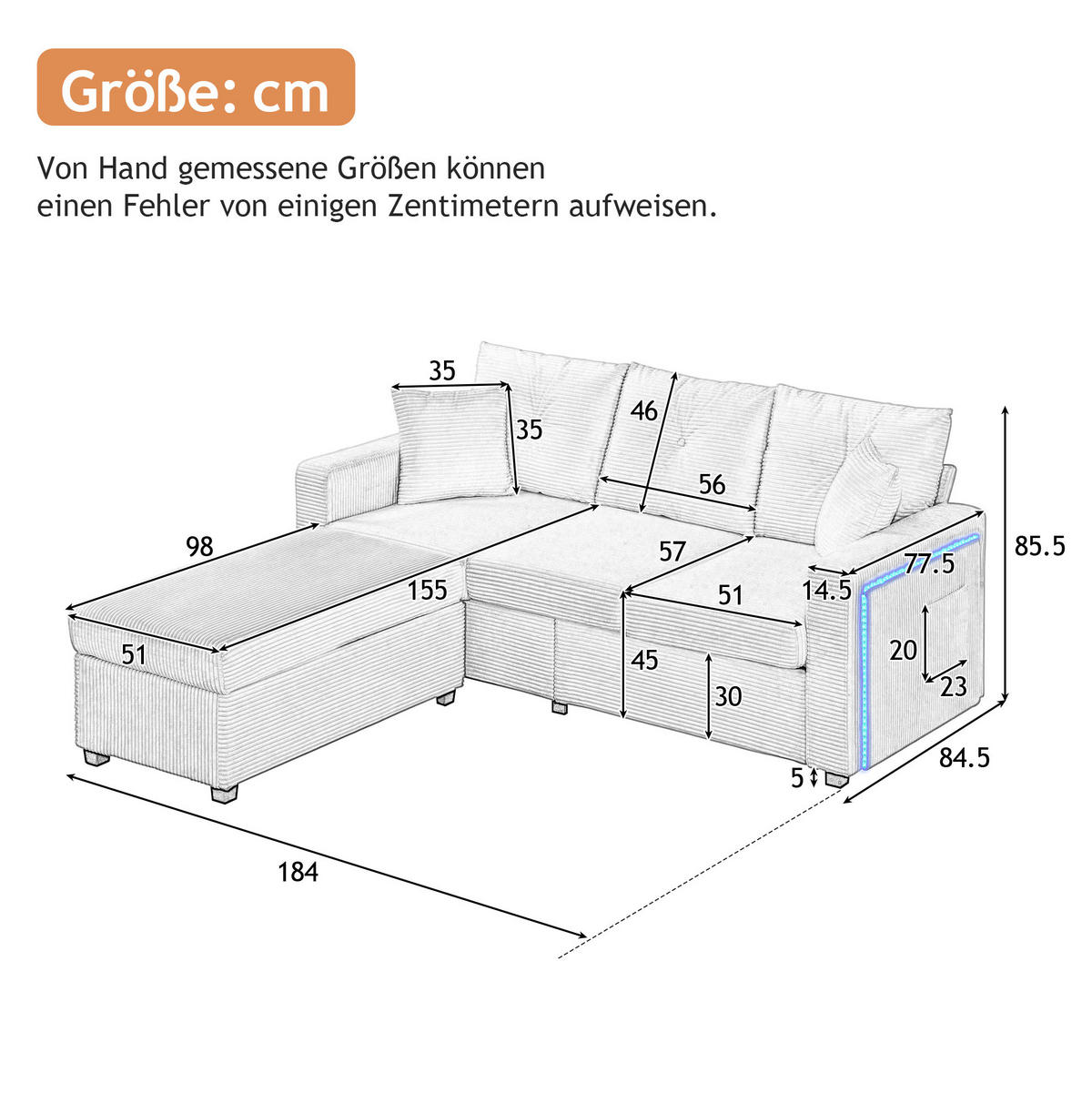 ECKSOFA 184/182,5/85,5 cm beige aus Cordstoff mit LED-Beleuchtung und flexiblem Hocker - Beige, Kunststoff (84.5/184cm) - OKWISH