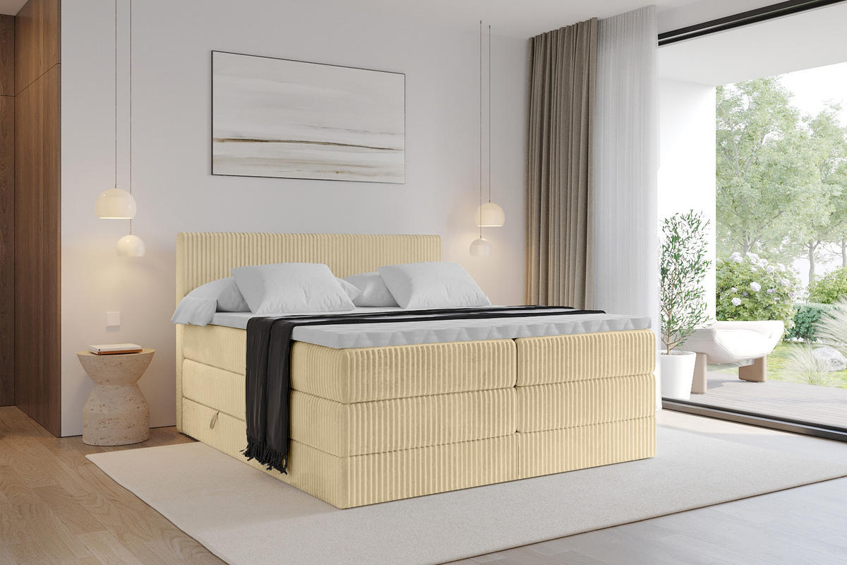 BOXSPRINGBETT mit Matratze H3|H4 und Lattenrost - TOLO KING 140x200 Cord - Ecru - Ecru, Holzwerkstoff (140/200cm) - ALTDECOR