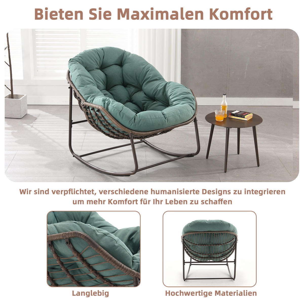 SCHAUKELSTUHL Schaukelsessel Garten,Rattanstuhl mit Stahlrahmen,Grün-Polyester - Grün, Metall (94.5/80/111cm) - LVHOM