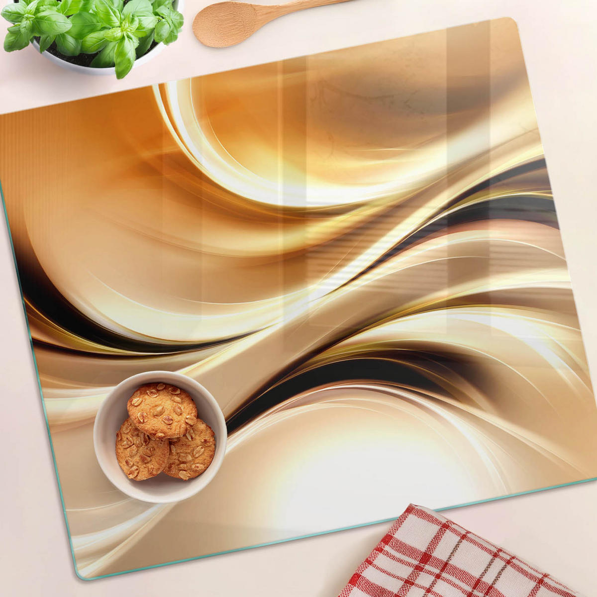 GLASPLATTE 60x52 cm Abstrakte Wellen - Goldfarben, Glas (60/0.4/52cm) - TULUP