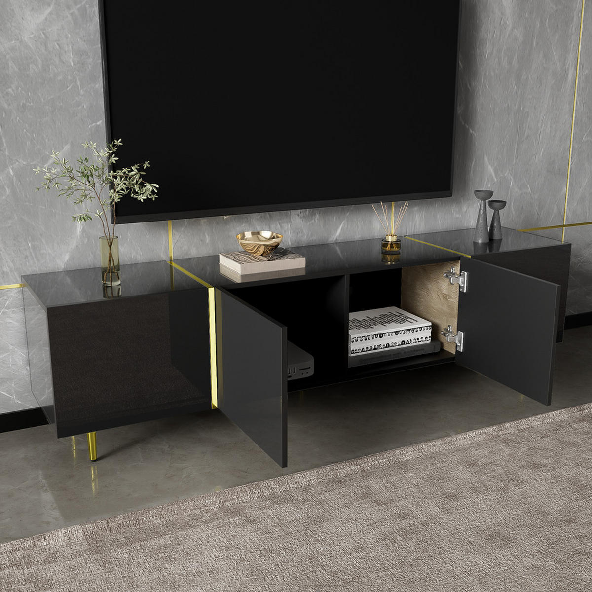TV-SCHRANK Hochglanz 4 Türen Modern Schwarz Gold MDF bis 49 Zoll - Schwarz, Holz (43.18/21.84/96.52cm) - FLIEKS