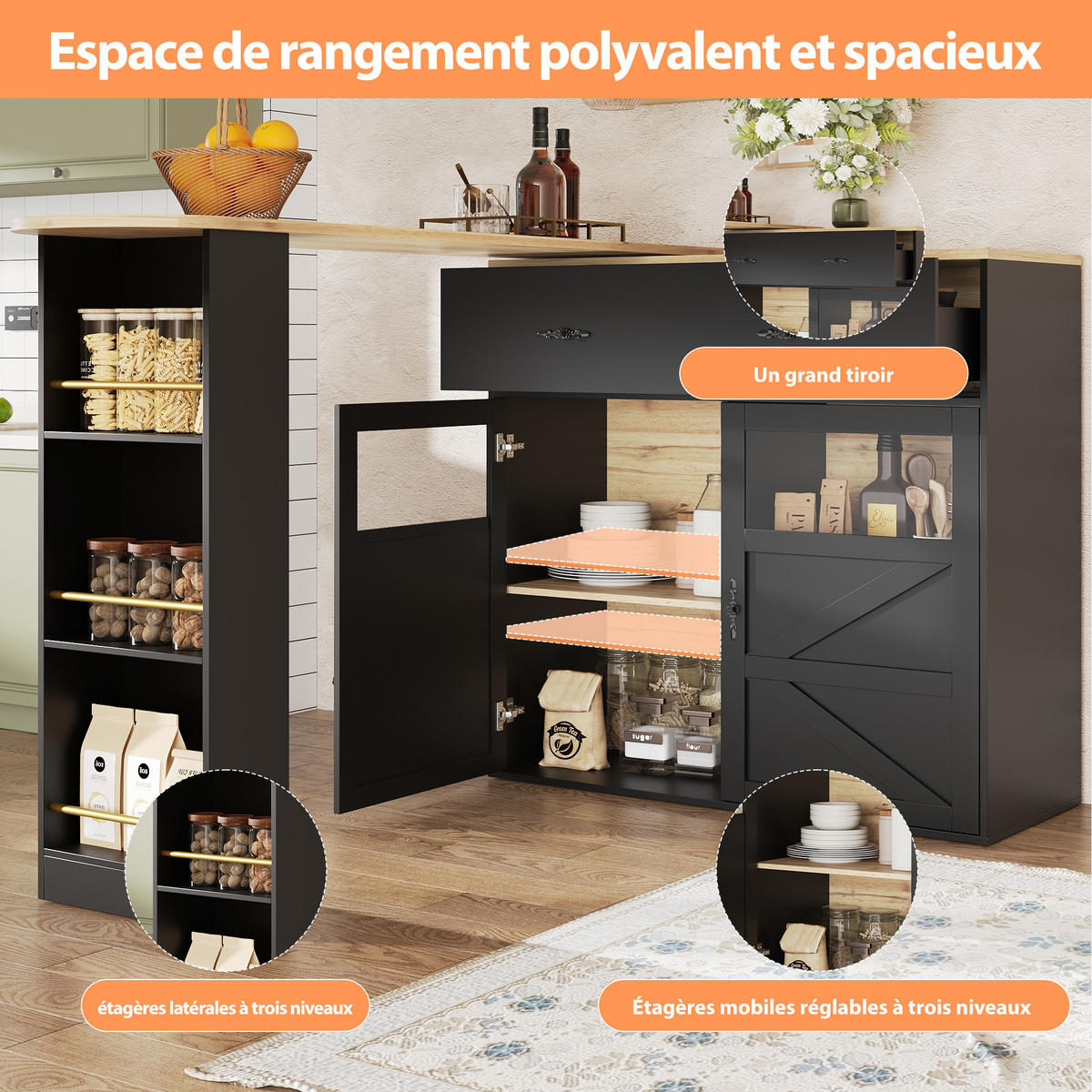 SIDEBOARD 138-204 cm, 360° drehbar, Regale, Schwarz - Schwarz, Holz (204/104/39cm)