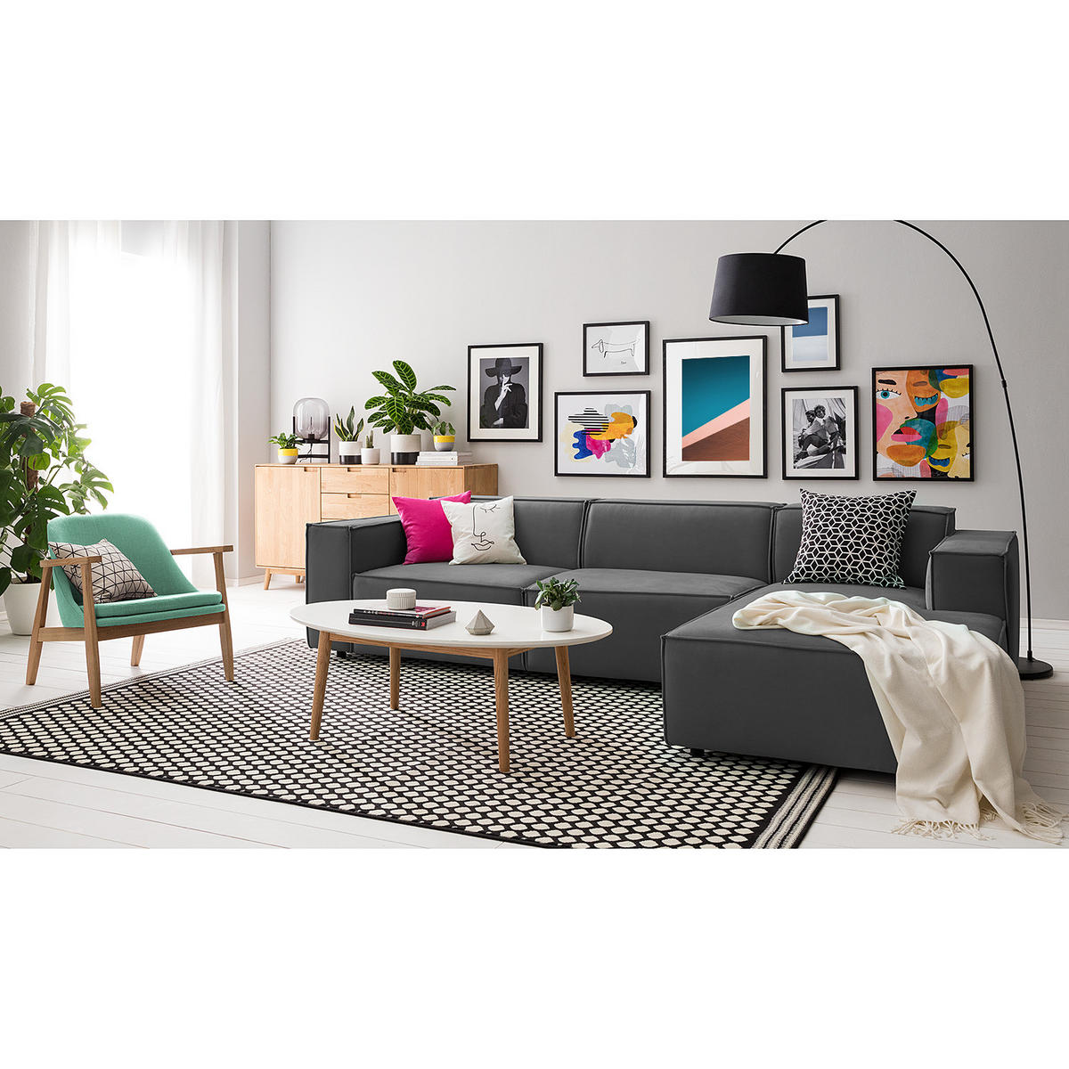ECKSOFA mit Longchair - Schwarz/Grau, Kunststoff/Textil (294/177cm) - home24