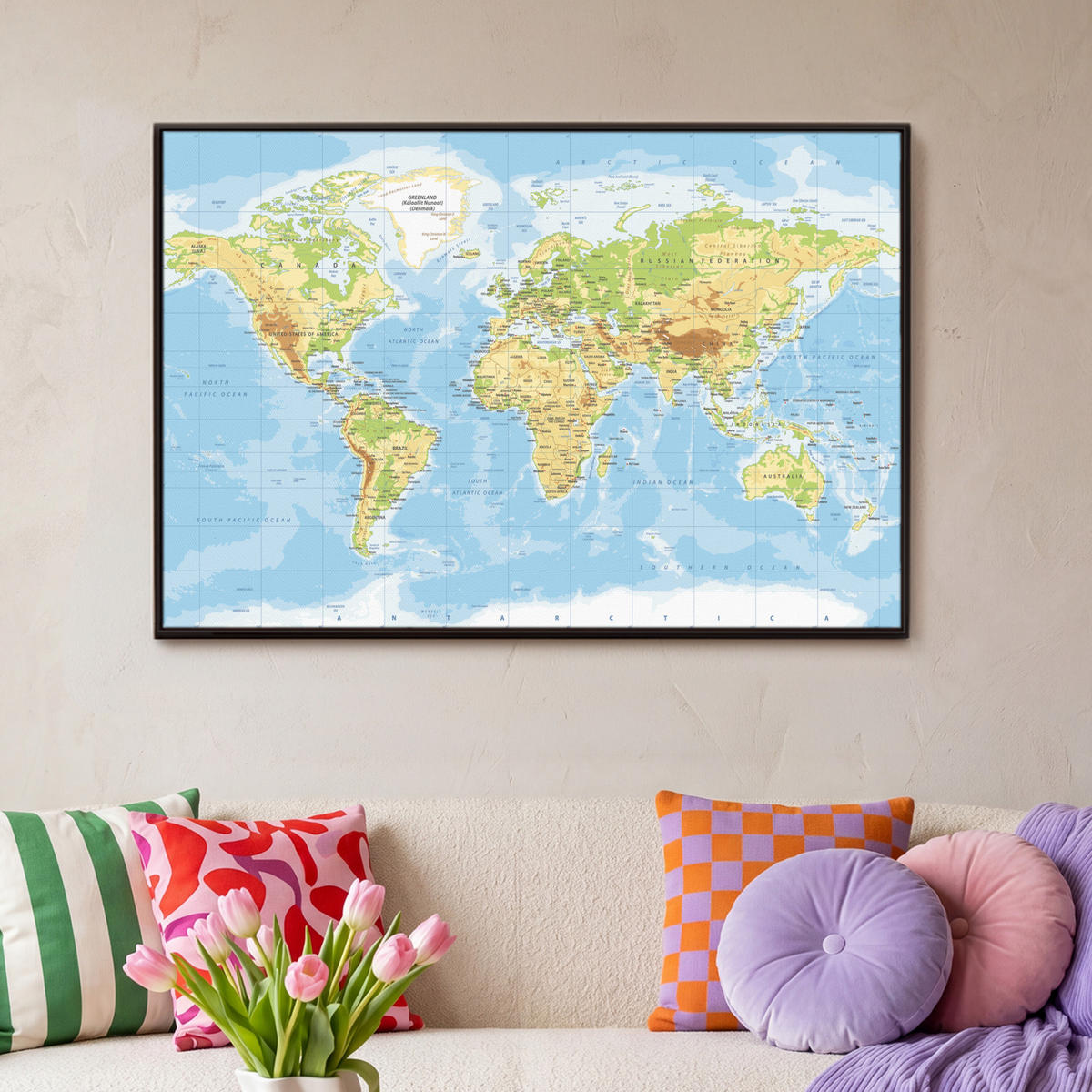 LEINWAND Bilder mit Rahmen - Weltkarte - Statistisch - Blau - Erde - Bildung - 90x60 - Blau, Textil (90/60cm) - MuchoWow