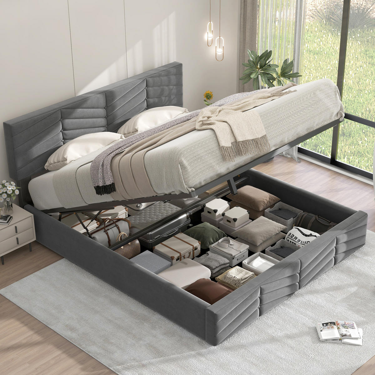 POLSTERBETT 140/200 cm grau mit hydraulischem Bettkasten und höhenverstellbarem Kopfteil - Grau, Textil (140/200cm) - OKWISH