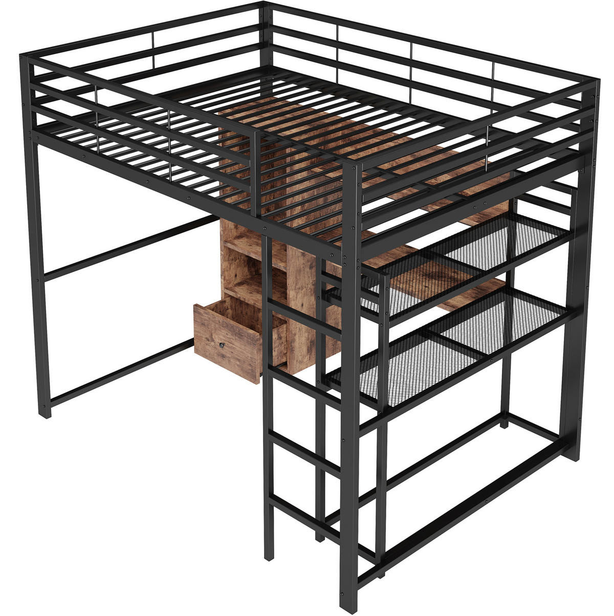 HOCHBETT 140/200 cm aus Metall und MDF mit Schreibtisch und LED-Beleuchtung Schwarz - Schwarz, Holzwerkstoff (140/200cm) - Modenvie
