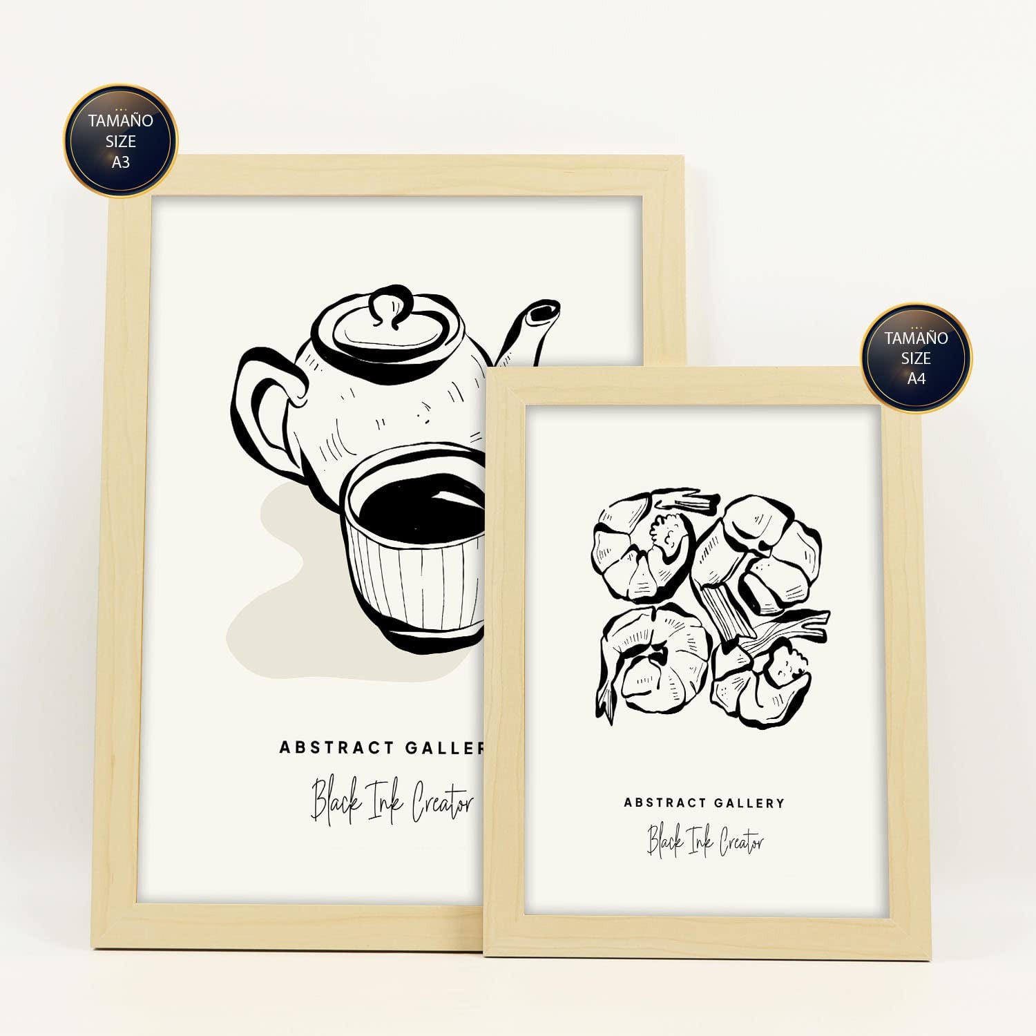POSTER Set Mit 6 In Schwarzer Tinte Ruhetag Künstlerische Und Abstrakte Drucke Für Innenarchitektur A3 & A4 Rahmen Aus Hellem Holz - Beige, Papier (29/3cm) - Nacnic