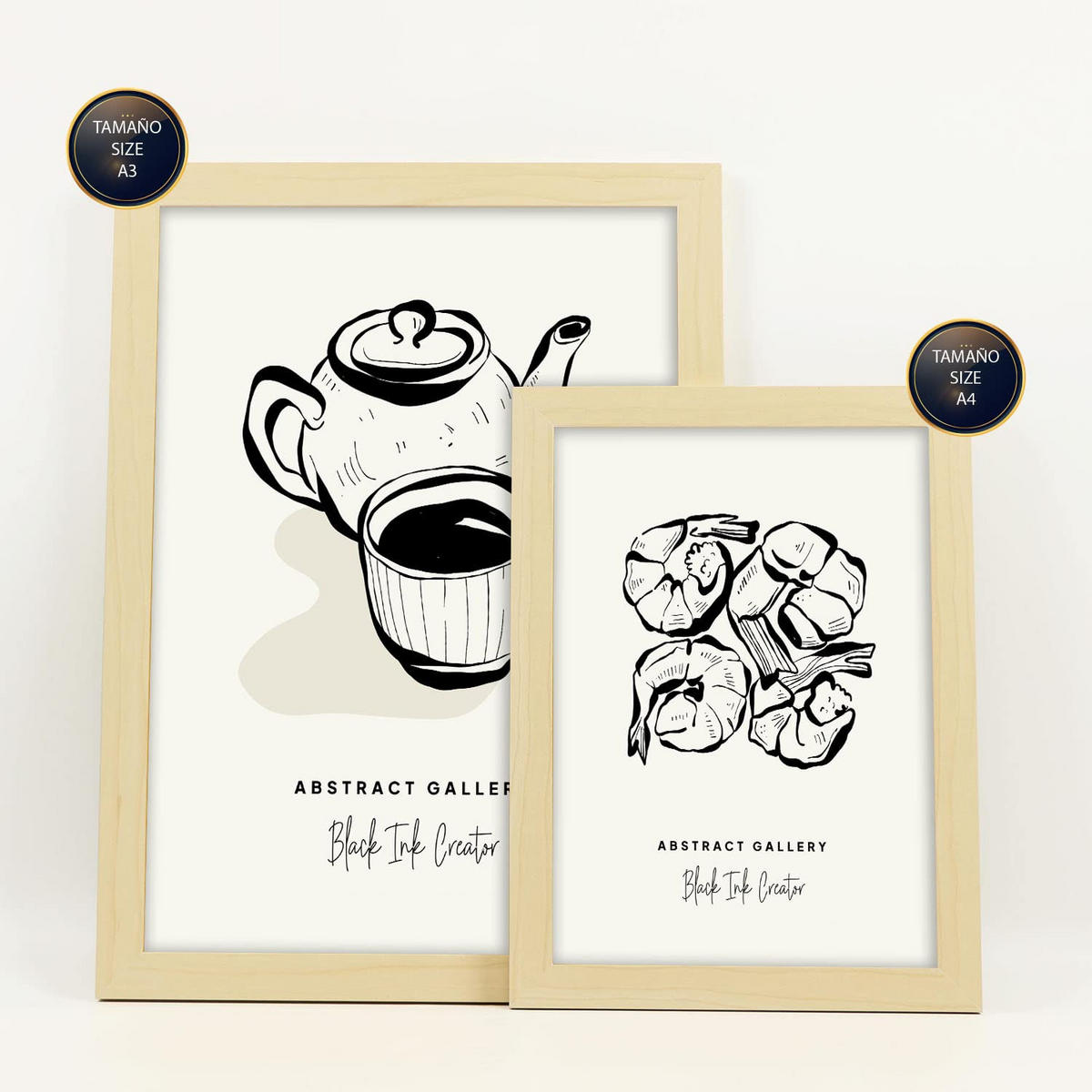 POSTER Set Mit 6 In Schwarzer Tinte Ruhetag Künstlerische Und Abstrakte Drucke Für Innenarchitektur A3 & A4 Rahmen Aus Hellem Holz - Beige, Papier (29/3cm) - Nacnic