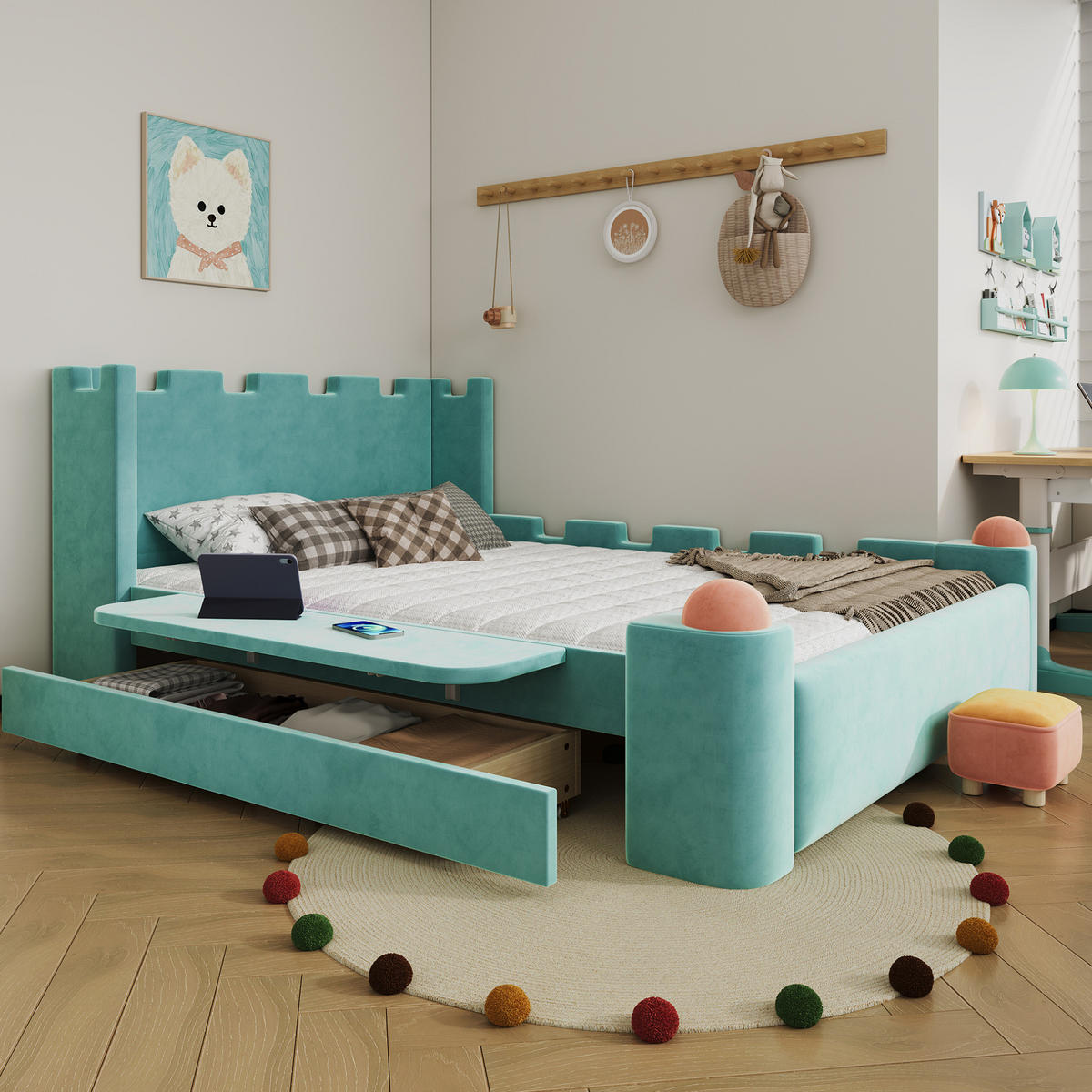POLSTERBETT Burg-Design 140/200 cm Blaugrün mit Stauraum-Schublade ohne Matratze - Petrol, Textil (140/200cm) - MIVRAY