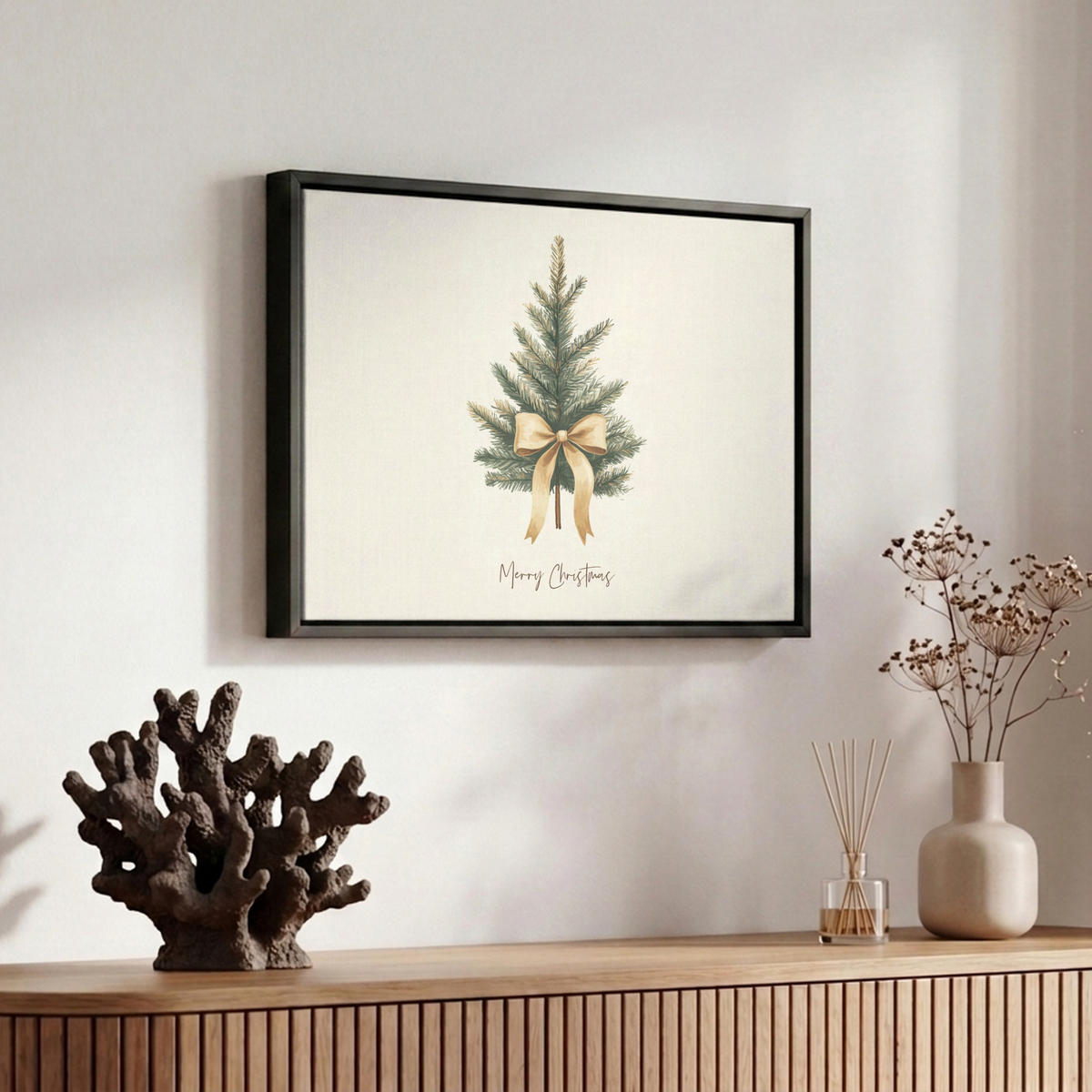LEINWAND Bilder mit Rahmen - Weihnachtsbaum - Weihnachten - Frohe Weihnachten - Beige - 30x20 - Sandfarben, Textil (30/20cm) - MuchoWow