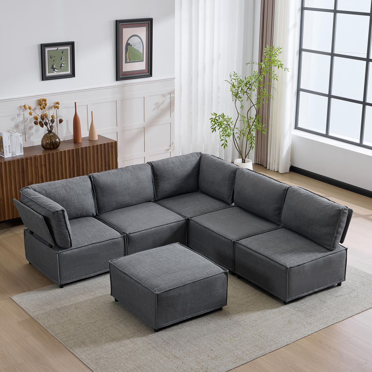 WOHNLANDSCHAFT Leinen Dunkelgrau - Dunkelgrau, Holzwerkstoff/Textil (308/77/152cm) - WISHDOR
