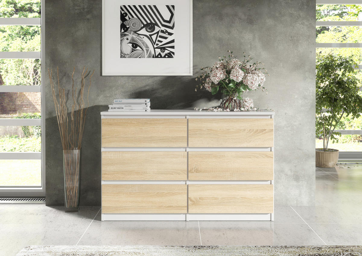 KOMMODE NUDO 120/78,5/39cm mit 6 Schubladen Türen Weiß - Weiß/Sonoma Eiche, Holzwerkstoff (120/78.5/39cm) - MASSENO