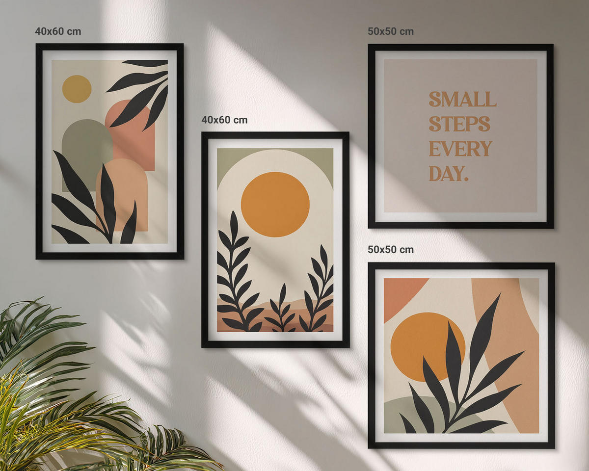 WANDBILDER 4er-Set - 50x50 cm & 40x60 cm Schwarzer Rahmen - Abstrakte Pflanzenmotive - Schwarz, Kunststoff (50/50cm) - ArtPrintCave
