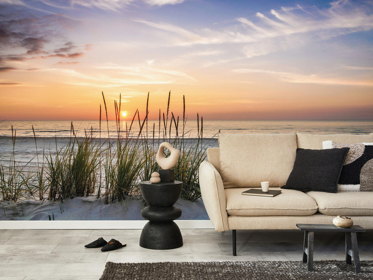 FOTOTAPETE für Wohnzimmer Landschaft Meer Strand Dünen Sonnenuntergang 200x140 - Beige/Violett, Papier (200/140cm) - Muralo