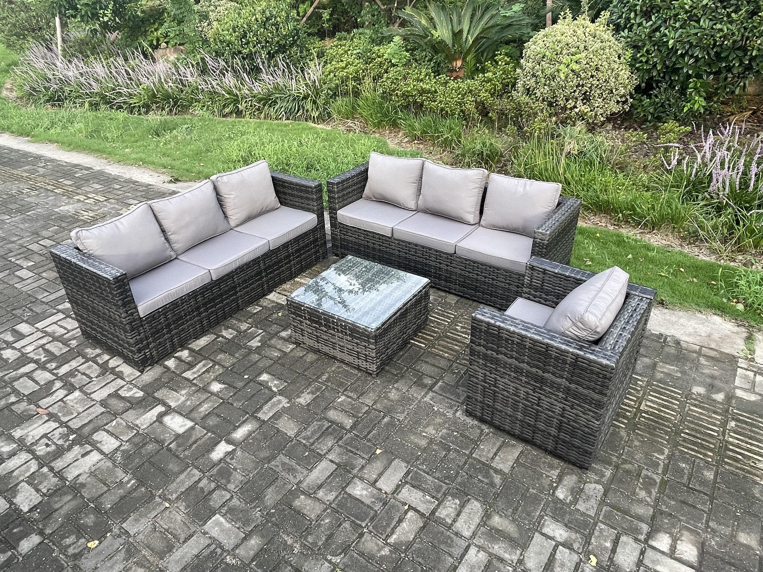 GARTENMÖBELSET Polyrattan 7-Sitzer - Dunkelgrau, Metall - Fimous