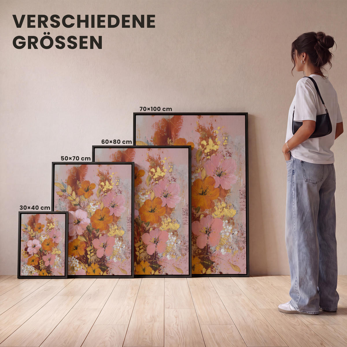LEINWAND Bilder mit Rahmen - Malerei - Blumen - Rustikal - Rosa - 60x80 - Altrosa, Textil (60/80cm) - MuchoWow