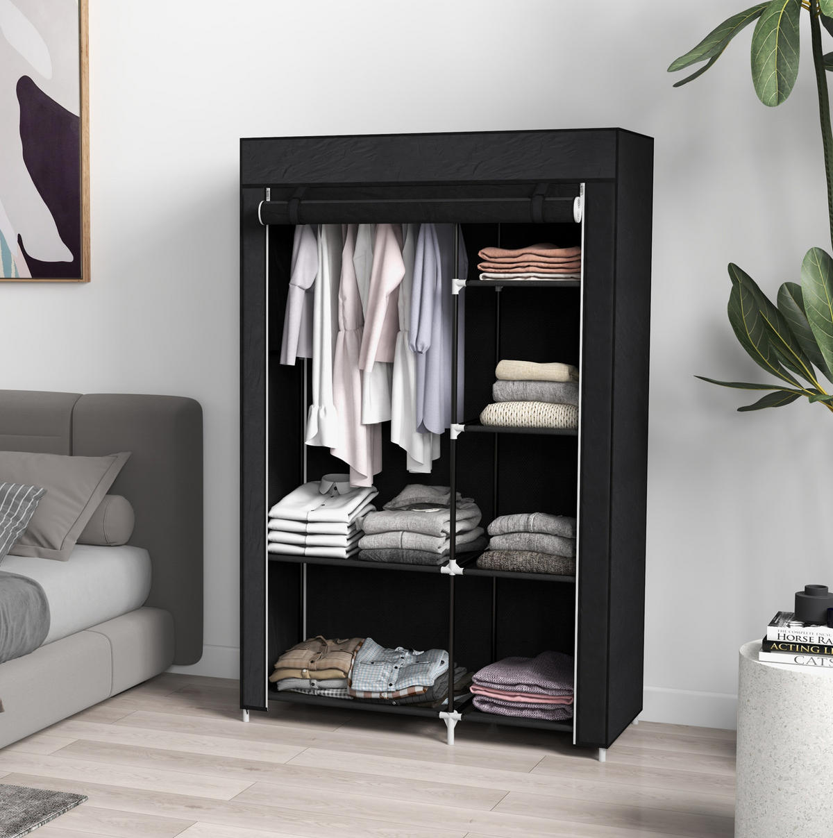KLEIDERSCHRANK aus Stahl 103x43x162,5 cm Schwarz mit Kleiderstange und 6 Fächern - Schwarz, Metall (103/162.5/43cm) - Modfu