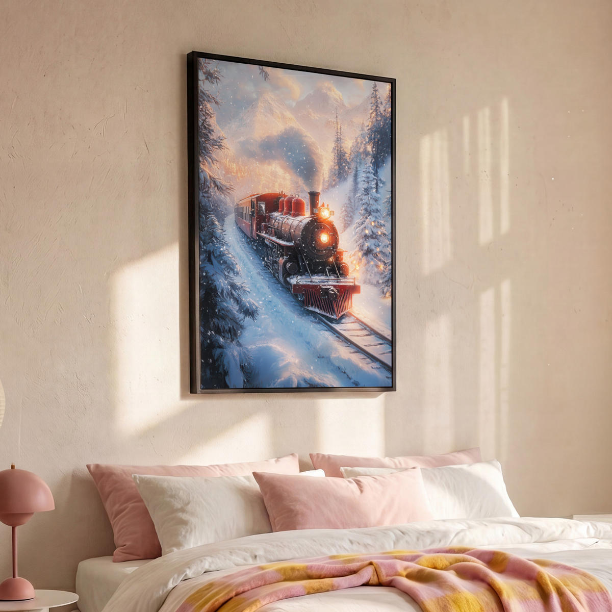 LEINWAND Bilder mit Rahmen - Weihnachtszug - Schnee - Winter - Weihnachten - 100x150 - Dunkelrot, Textil (100/150cm) - MuchoWow