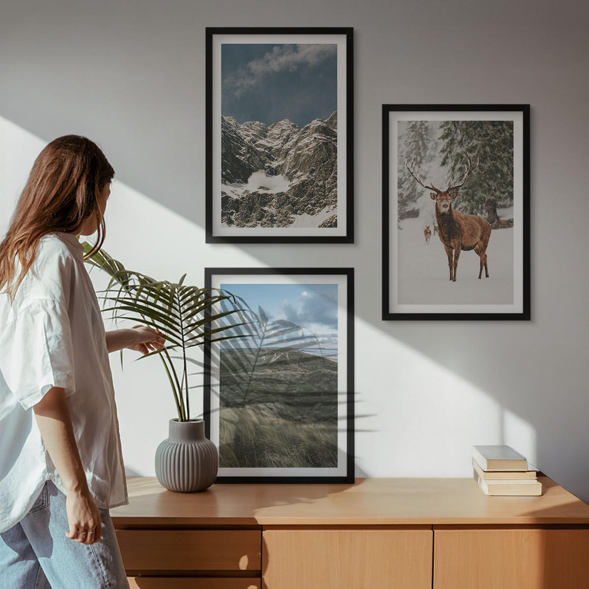 WANDBILDER 3er-Set - 40x60 cm Schwarzer Rahmen - Berge, Schnee, Hirsche, Waldlandschaft - Schwarz, Kunststoff (40/60cm) - ArtPrintCave